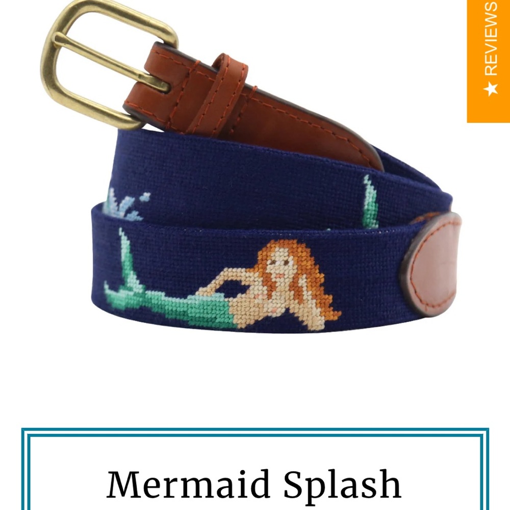 Navy Needlepoint Mermaid Belt with Brown Leather Trim RARE